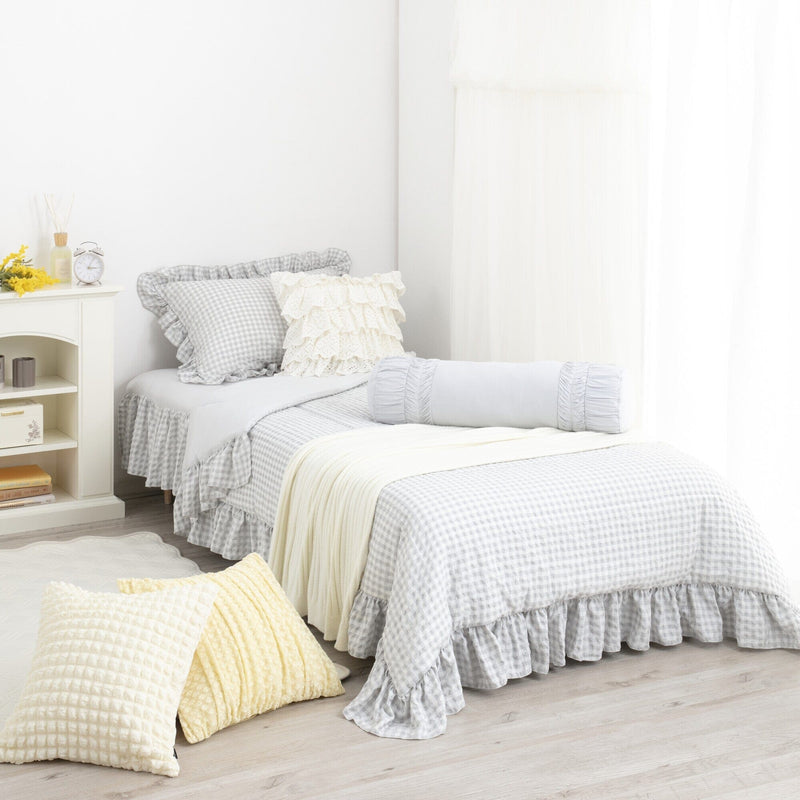 Fuwaro Cooling Futon Frill Check Double White X Gray