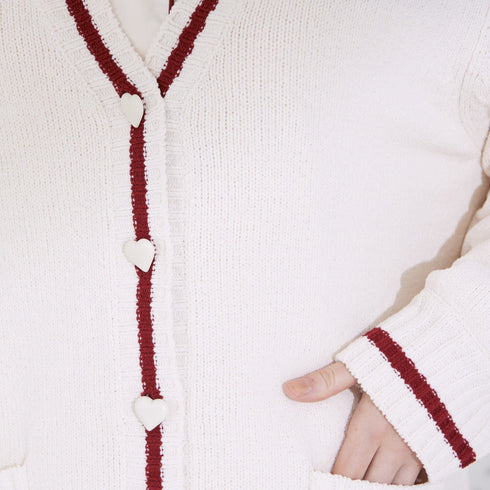 Heart Button Stripe Cardigan In Ivory
