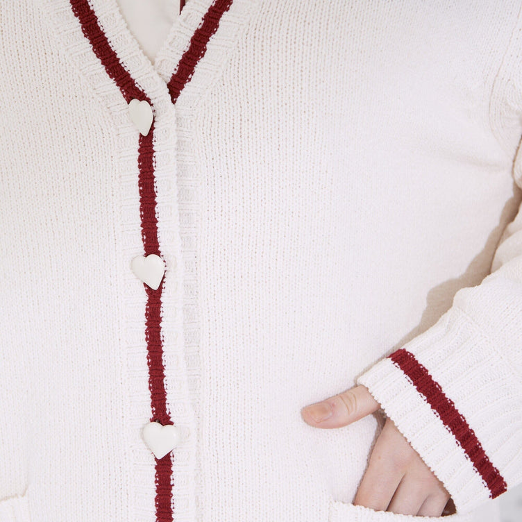 Heart Button Stripe Cardigan In Ivory