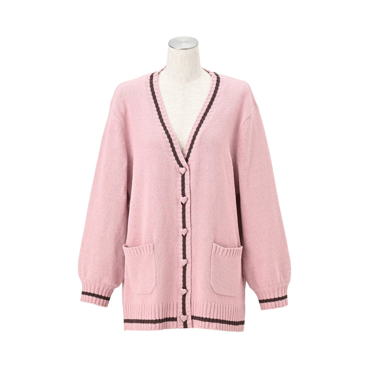 Heart Button Stripe Cardigan In Pink