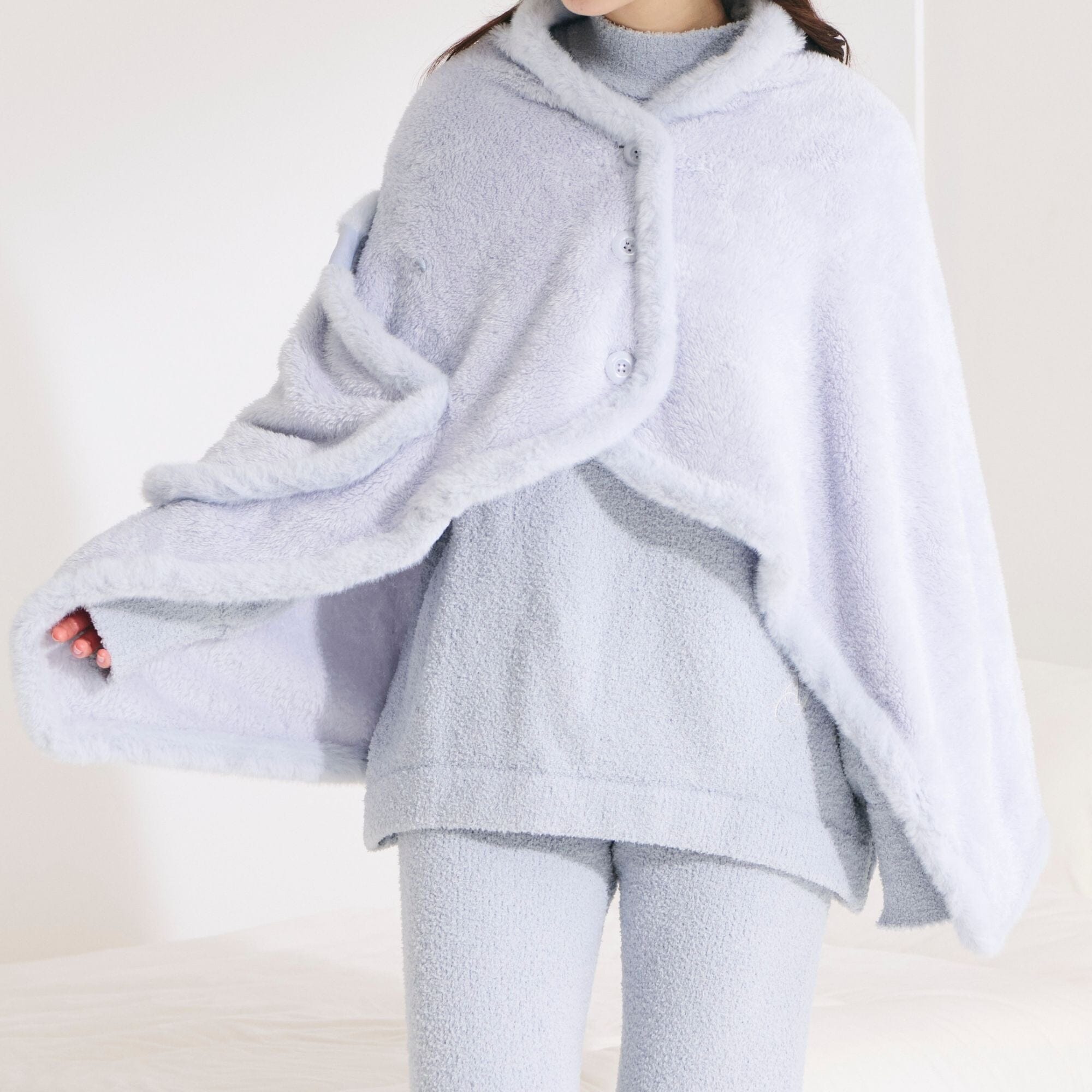 Warm Fleece 4Way Poncho Size S Light Blue