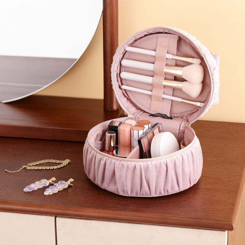 Velour Ribbon Vanity Pouch Small Pink