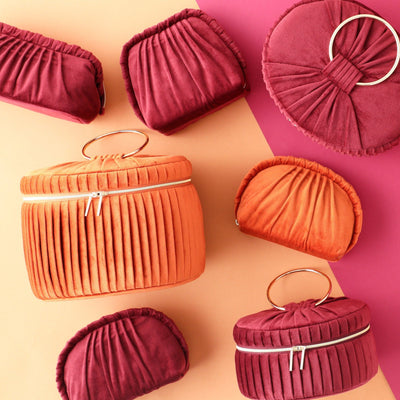 Velour Pleat Vanity Pouch Small Orange