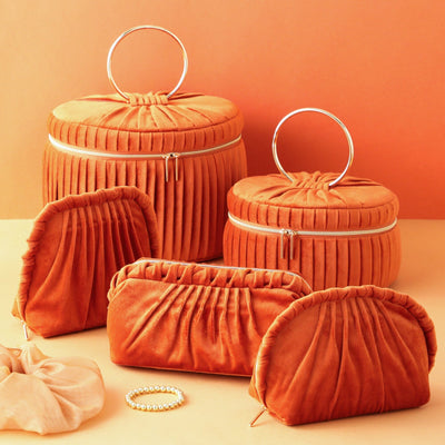 Velour Pleat Vanity Pouch Large Orange