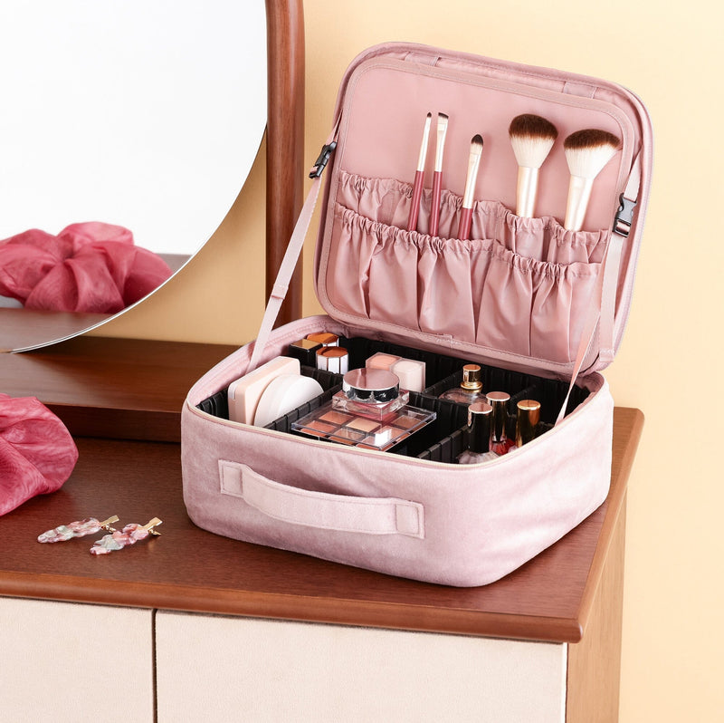 Velour Ribbon Makeup Bag Pink