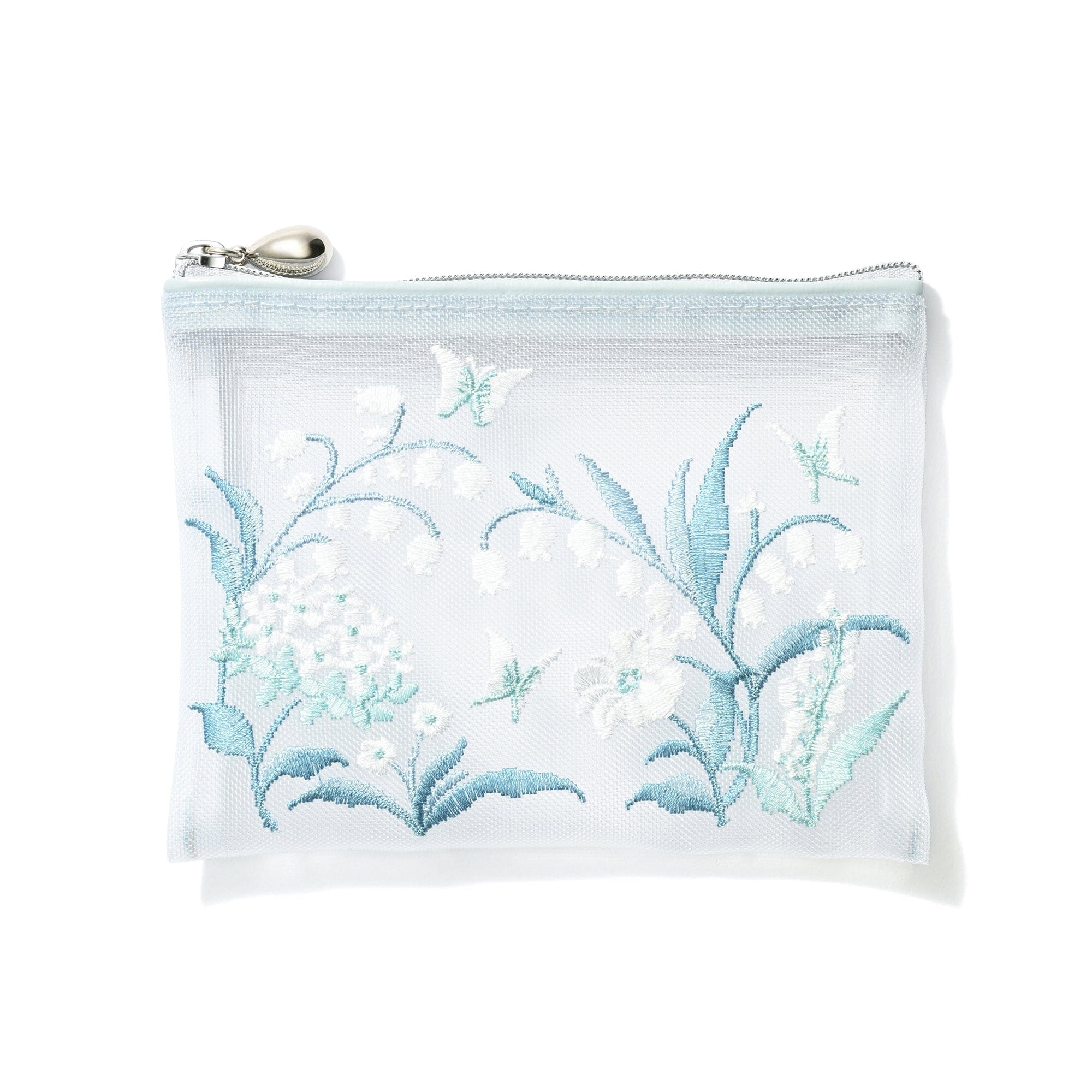 Mesh Embroidery Mini Flat Pouch Light Blue