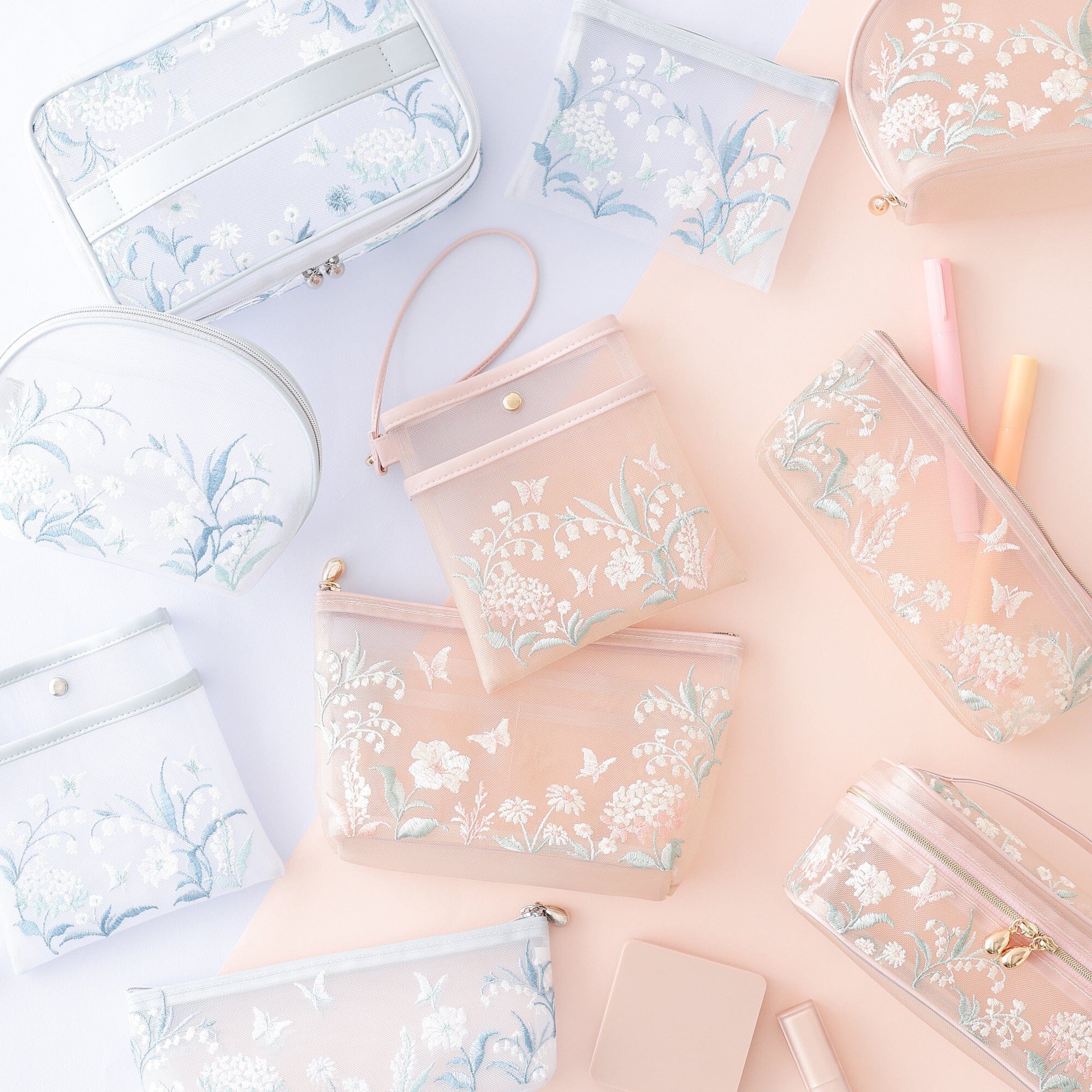 Mesh Embroidery Mini Flat Pouch Light Blue