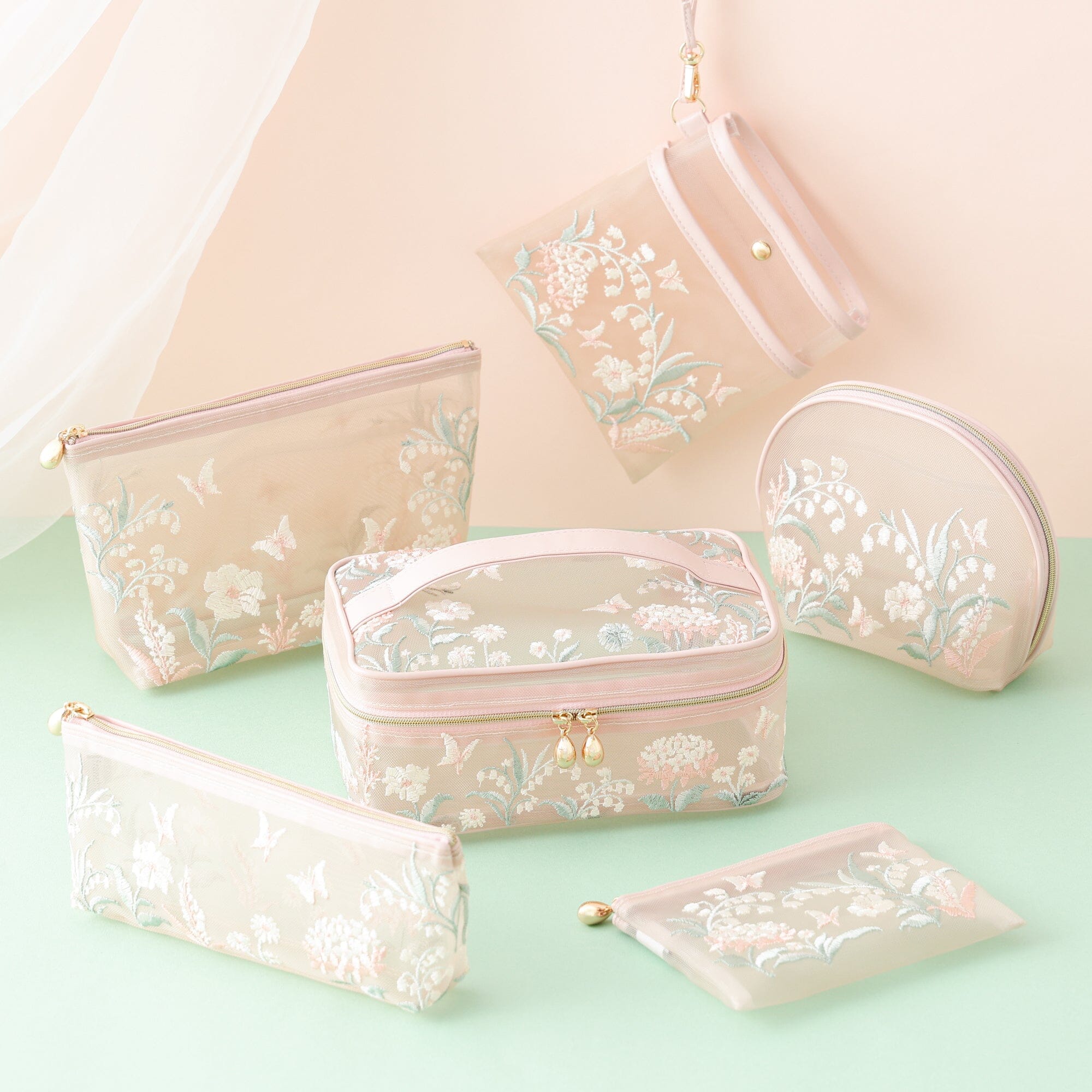 Mesh Embroidery Vanity Pouch Small Pink