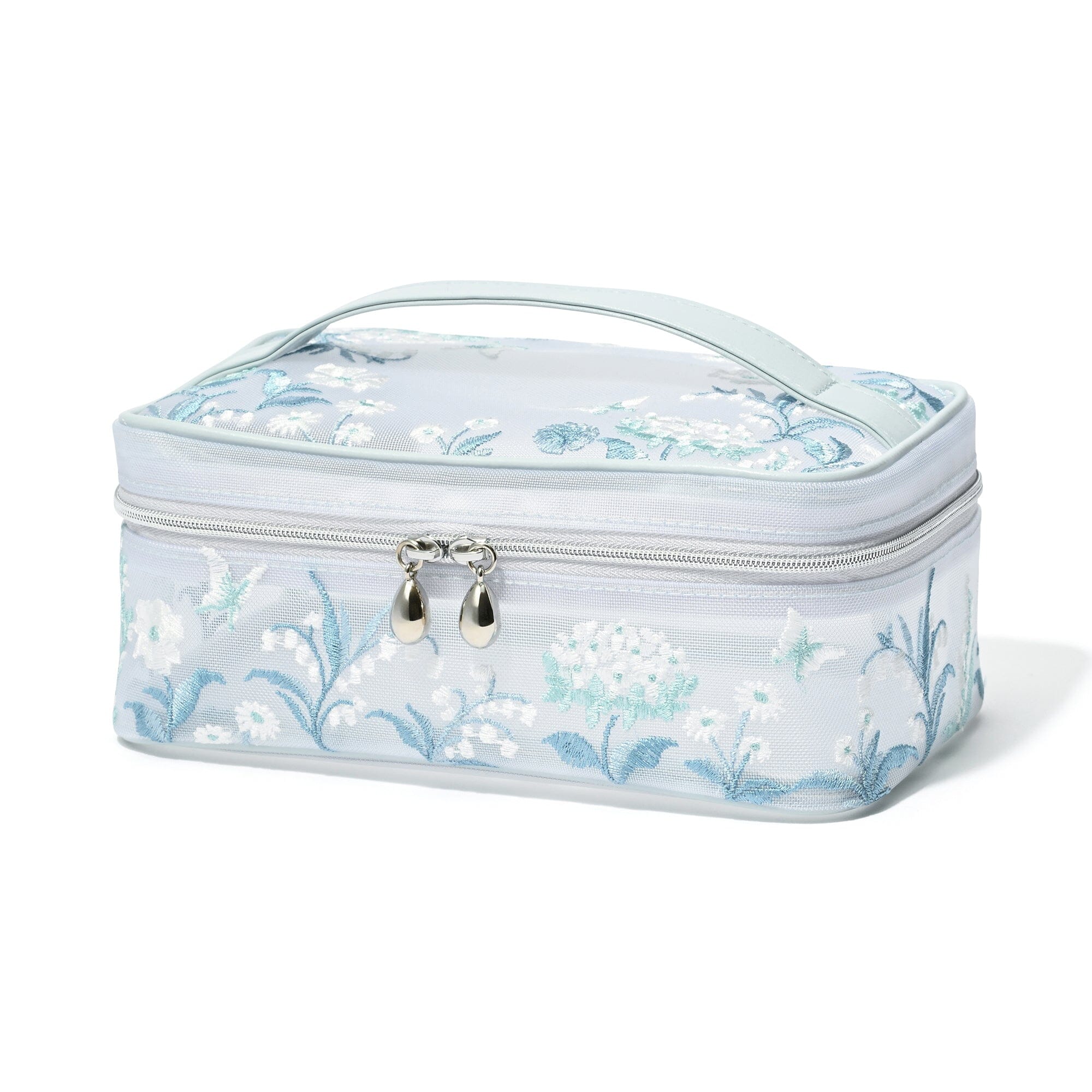Mesh Embroidery Vanity Pouch Small Light Blue
