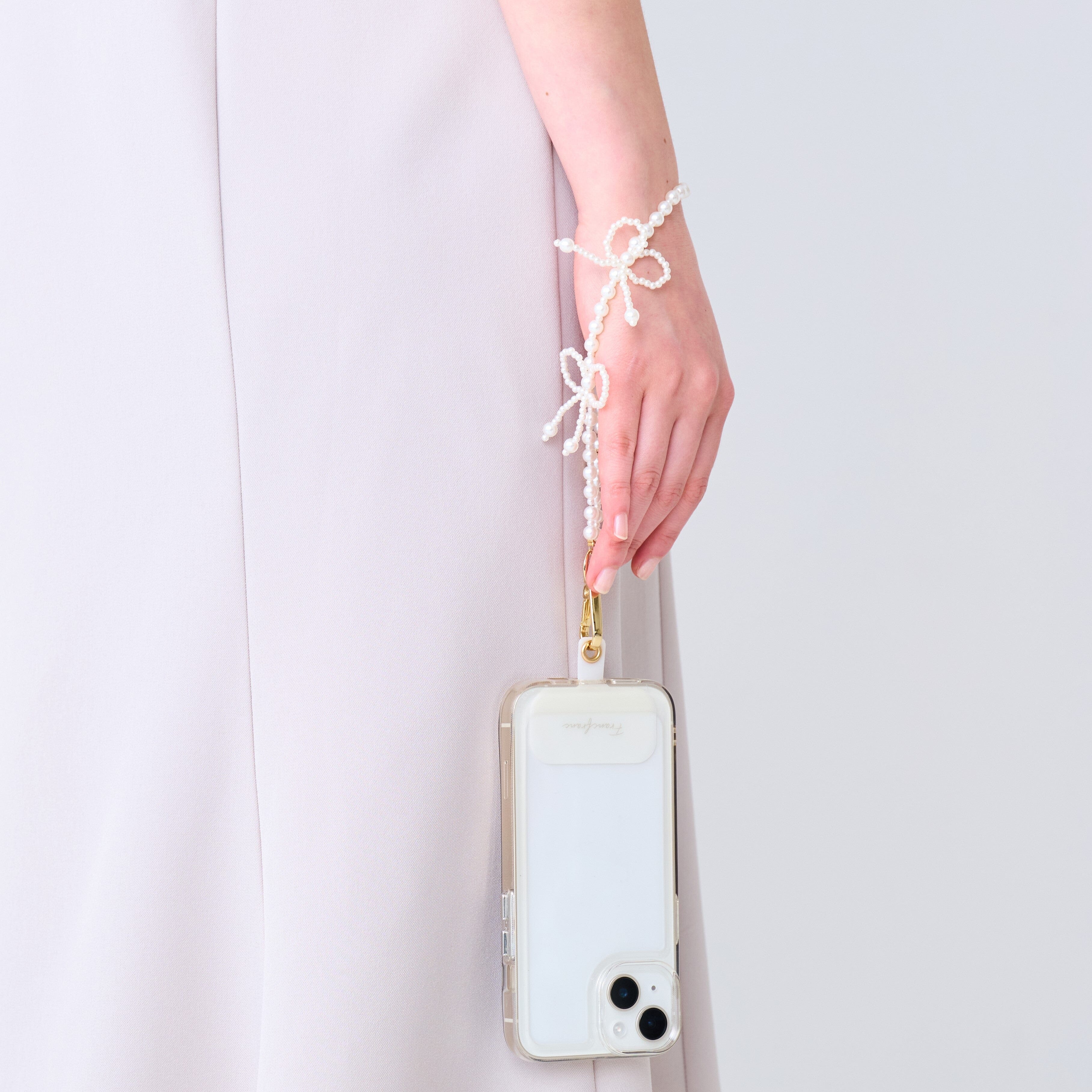 Smartphone hand strap pearl ribbon white
