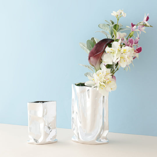 Ceramic Bag Flower Vase Medium Silver